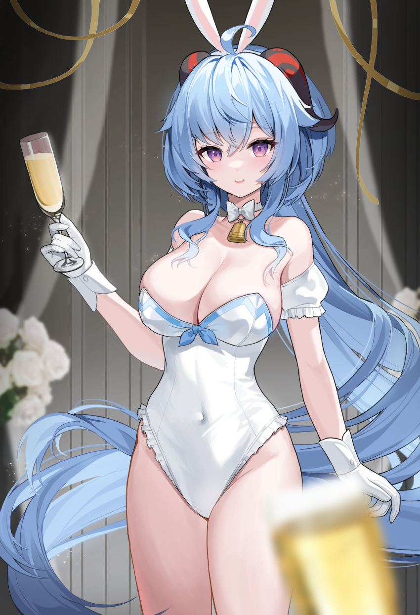 1girl absurdres ahoge alcohol animal_ears bangs bare_shoulders bell blue_hair blush bow bowtie breasts cup detached_sleeves frills ganyu_(genshin_impact) genshin_impact gloves goat_horns highres holding holding_cup horns hyoin large_breasts leotard long_hair looking_at_viewer neck_bell purple_eyes rabbit_ears sidelocks smile solo white_gloves wine