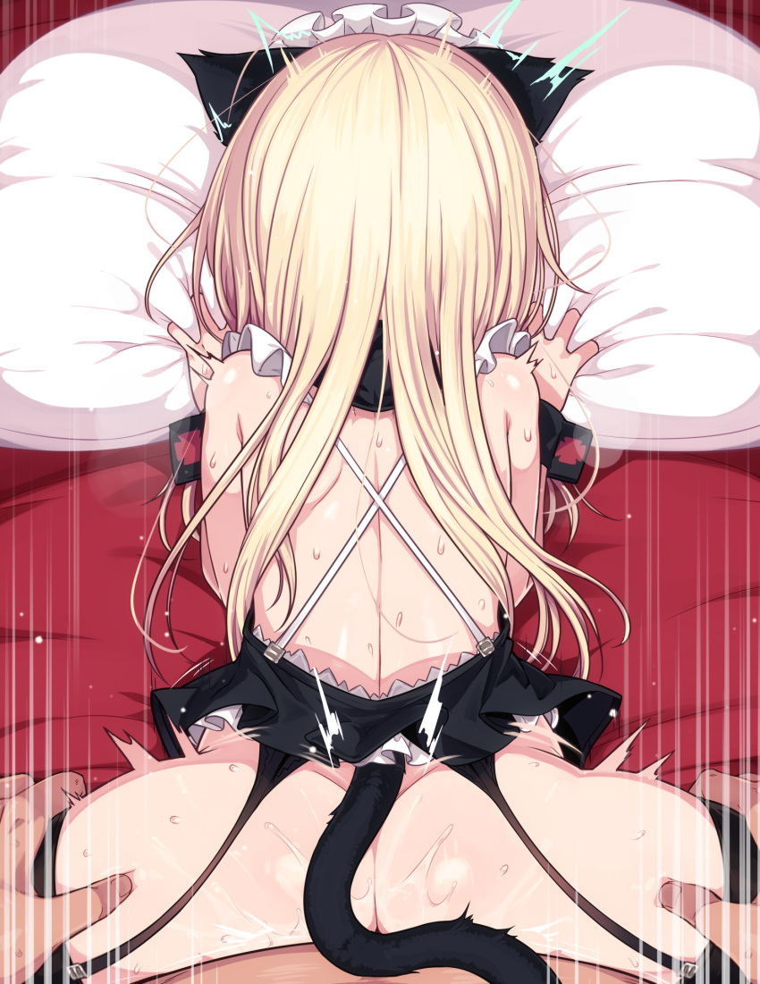 1boy 1girl animal_ears ass bed black_garter_straps black_thighhighs blonde_hair blush cat_ears cat_girl cat_tail heinrike_prinzessin_zu_sayn-wittgenstein hetero highres long_hair lying maid_headdress noble_witches null_(nyanpyoun) on_bed on_stomach open_mouth pillow pov sex sex_from_behind solo_focus spread_legs sweat tail thigh_grab thighhighs world_witches_series wrist_cuffs