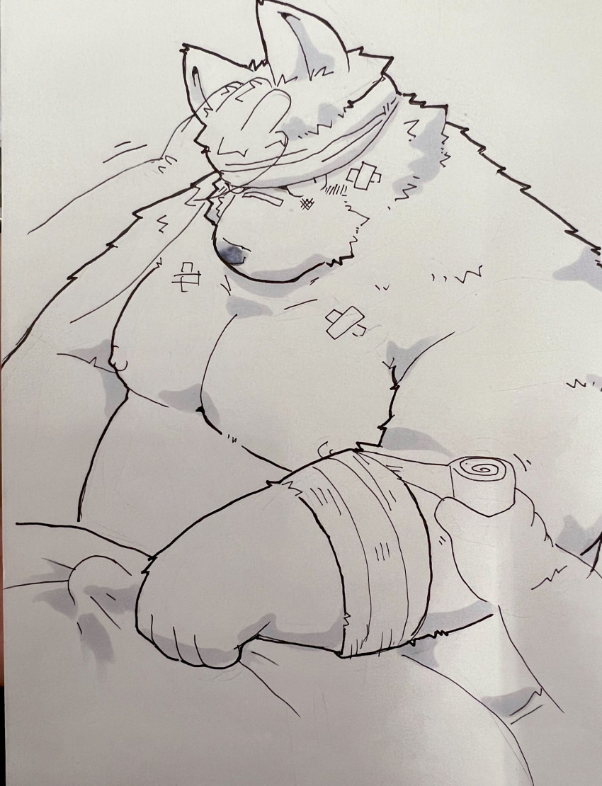 2022 anthro bandage bedding belly big_belly biped blanket bulge canid canine canis domestic_dog hi_res humanoid_hands kemono male mammal moobs nipples overweight overweight_male scar solo_focus suishou0602