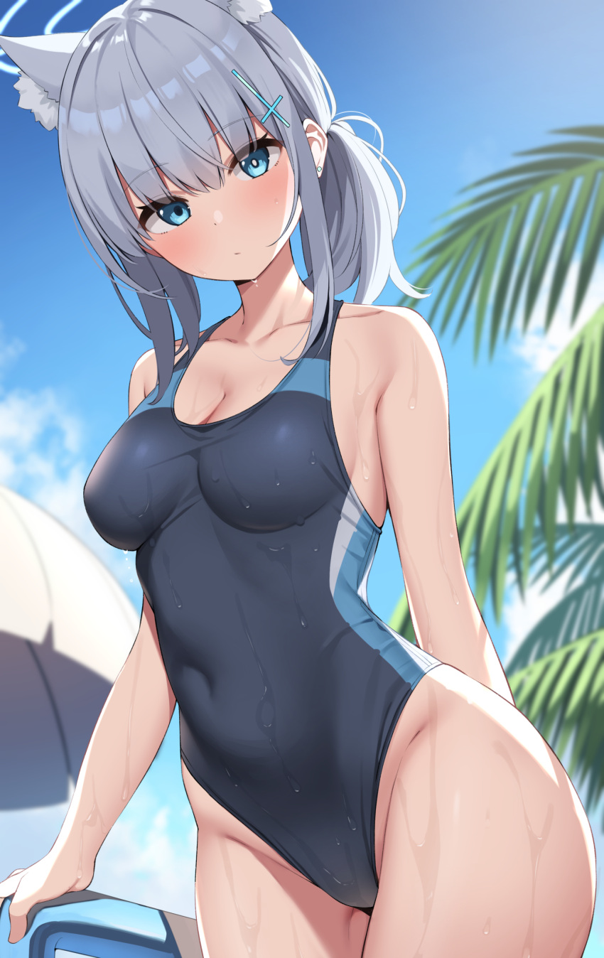 1girl absurdres animal_ear_fluff animal_ears arm_at_side arm_behind_back bare_shoulders blue_archive blue_eyes blue_one-piece_swimsuit blue_sky blurry breasts chair cleavage closed_mouth collarbone competition_swimsuit covered_navel cross cross_hair_ornament day earrings expressionless extra_ears grey_eyes grey_hair groin hair_ornament halo highleg highleg_swimsuit highres inverted_cross jewelry korean_commentary long_hair looking_at_viewer lounge_chair low_ponytail medium_breasts mismatched_pupils multicolored_clothes multicolored_swimsuit one-piece_swimsuit outdoors palm_tree ponytail shiroko_(blue_archive) shiroko_(swimsuit)_(blue_archive) sidelocks sky solo stud_earrings suiroh_(shideoukami) summer swimsuit taut_clothes taut_swimsuit tree two-tone_swimsuit upper_body water wet