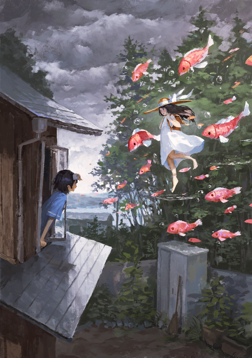 1boy 1girl backpack bag barefoot black_hair blue_shirt bow cloud cloudy_sky dress fish fjsmu floating flying_fish garden gate hat hat_bow highres house koi large_bow long_hair ocean original outdoors plant shed shirt short_hair shovel sky straw_hat t-shirt tree white_bow white_dress window