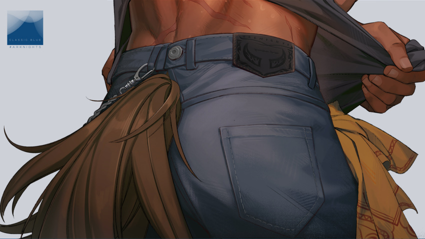 1boy alternate_costume arknights ass ass_focus bara body_hair chain close-up clothes_lift cow_boy cow_tail denim from_behind highres jeans lifted_by_self likaou male_focus matterhorn_(arknights) pants scar scar_on_back shirt_lift simple_background solo tail