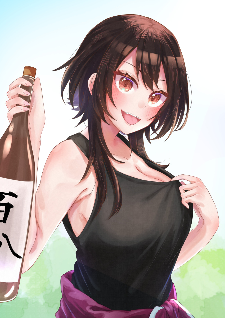 1girl :d absurdres alcohol black_shirt black_tank_top bonnouji_momoha bottle breasts brown_eyes brown_hair character_request cleavage clothes_around_waist collar_tug highres holding holding_bottle jacket jacket_around_waist kimi_no_koto_ga_dai_dai_dai_dai_daisuki_na_100-nin_no_kanojo large_breasts open_mouth outdoors shirt short_hair_with_long_locks sleeveless sleeveless_shirt smile solo tank_top upper_body yozakurayuyu