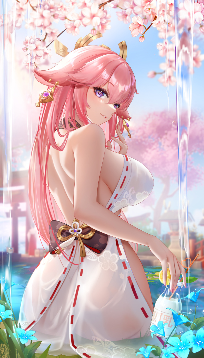 1girl animal_ears ass bangs blue_flower bottle breasts cherry_blossoms crazy_straw day dress drinking_straw floppy_ears floral_print flower fox_ears from_behind genshin_impact hair_between_eyes heart_straw highres holding holding_bottle large_breasts liu_liaoliao long_hair looking_at_viewer looking_back nail_polish outdoors parted_lips pink_flower pink_hair pink_nails print_dress purple_eyes sitting solo water white_dress yae_miko