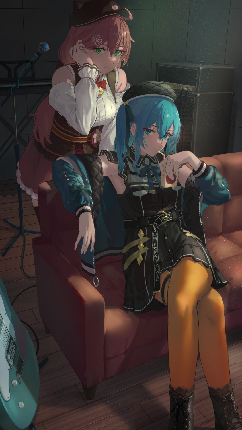 2girls absurdres ahoge bangs black_dress blue_eyes blue_hair blue_jacket boots breasts corset couch crossed_legs dress drinking_straw_in_mouth flower gloves guitar hair_between_eyes hair_flower hair_ornament hair_ribbon hat highres holding hololive hoshimachi_suisei indoors instrument jacket juice_box leaning_forward long_hair long_sleeves looking_at_viewer multiple_girls on_couch open_clothes open_jacket orange_pantyhose pantyhose pink_hair puffy_long_sleeves puffy_sleeves red_skirt ribbon sakura_miko simple_background skirt standing tadanotarosuke virtual_youtuber wooden_floor