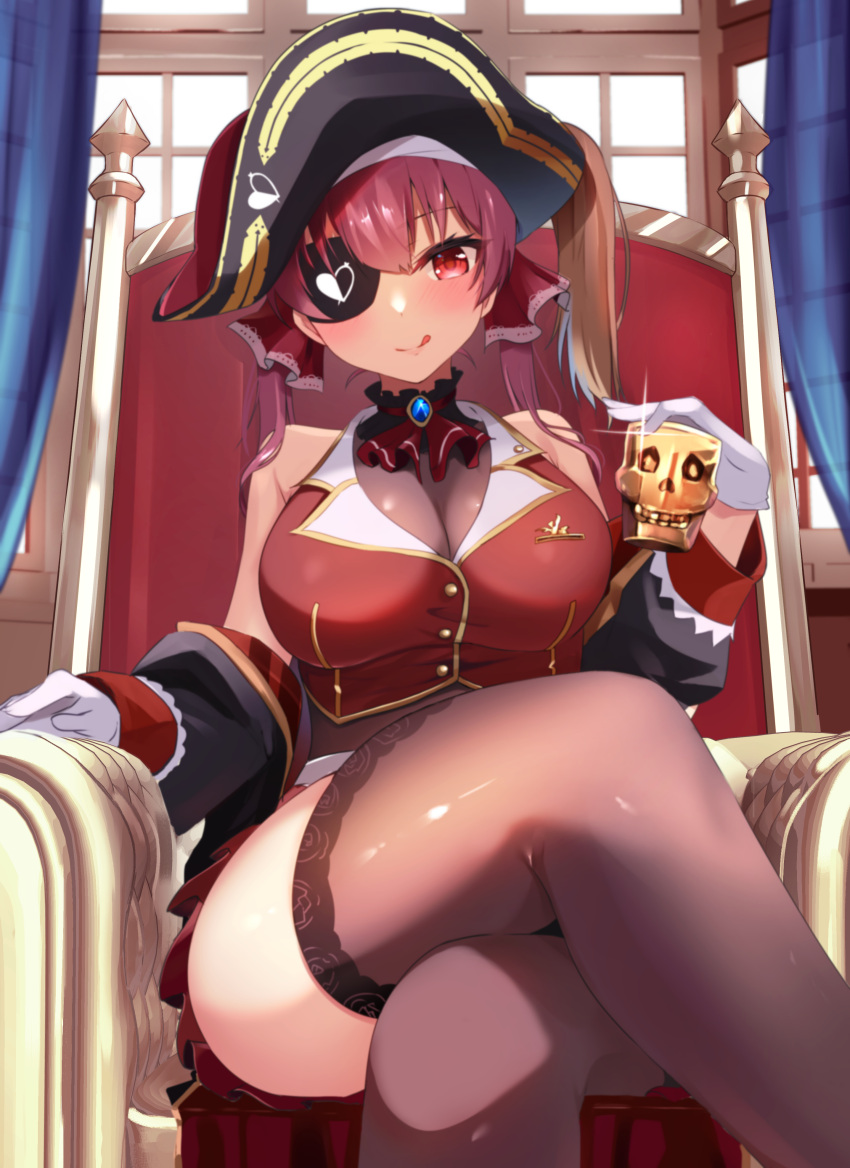 1girl :q absurdres akazawa_kureha ascot bicorne black_headwear black_jacket breasts brooch brown_thighhighs cleavage cropped_jacket crossed_legs cup eyepatch gloves hat highres holding holding_cup hololive houshou_marine jacket jewelry large_breasts leotard leotard_under_clothes looking_at_viewer pirate_hat red_ascot red_eyes red_hair red_jacket sitting sleeveless sleeveless_jacket solo thick_thighs thighhighs thighs throne tongue tongue_out virtual_youtuber white_gloves
