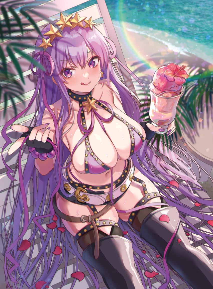 1girl bangs bare_shoulders bb_(fate) bb_(swimsuit_mooncancer)_(fate) bb_(swimsuit_mooncancer)_(second_ascension)_(fate) bead_bracelet beads belt bikini bishooji black_garter_belt black_shorts blush bracelet breasts cleavage collarbone fate/grand_order fate_(series) fingerless_gloves gloves hair_ornament highres jewelry large_breasts long_hair looking_at_viewer loose_belt micro_shorts navel purple_bikini purple_ribbon ribbon shorts smile solo star_(symbol) star_hair_ornament studded_garter_belt swimsuit thighhighs thighs white_belt