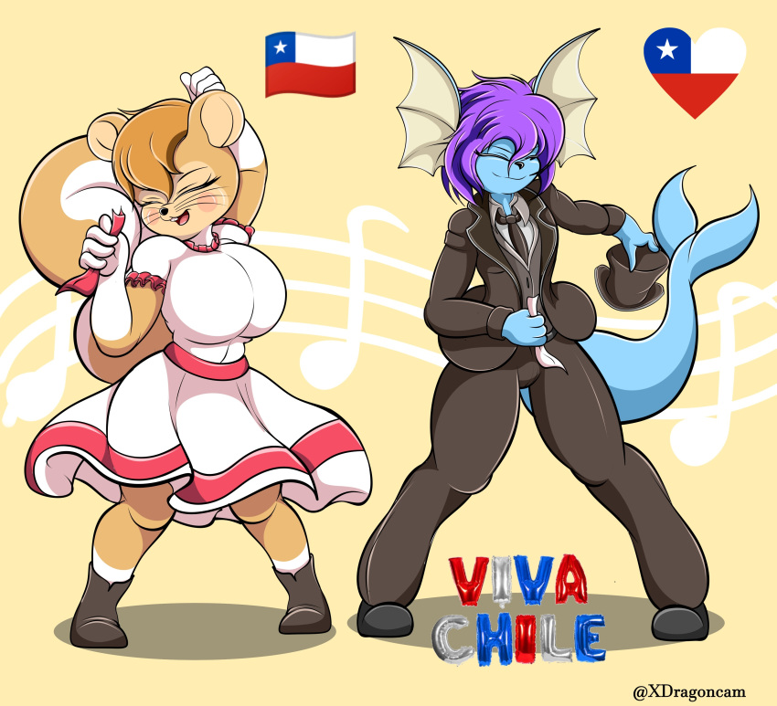 absurd_res anthro big_breasts blue_body bottomwear breasts brown_body chile chilean chilean_flag clothing crossgender dancing dress duo eeveelution female generation_1_pokemon hair happy hi_res kyu_(vaporeon) male male/female mammal nintendo pachy_squirrel pokemon pokemon_(species) purple_hair rodent sciurid skirt tree_squirrel vaporeon video_games xdragoncam