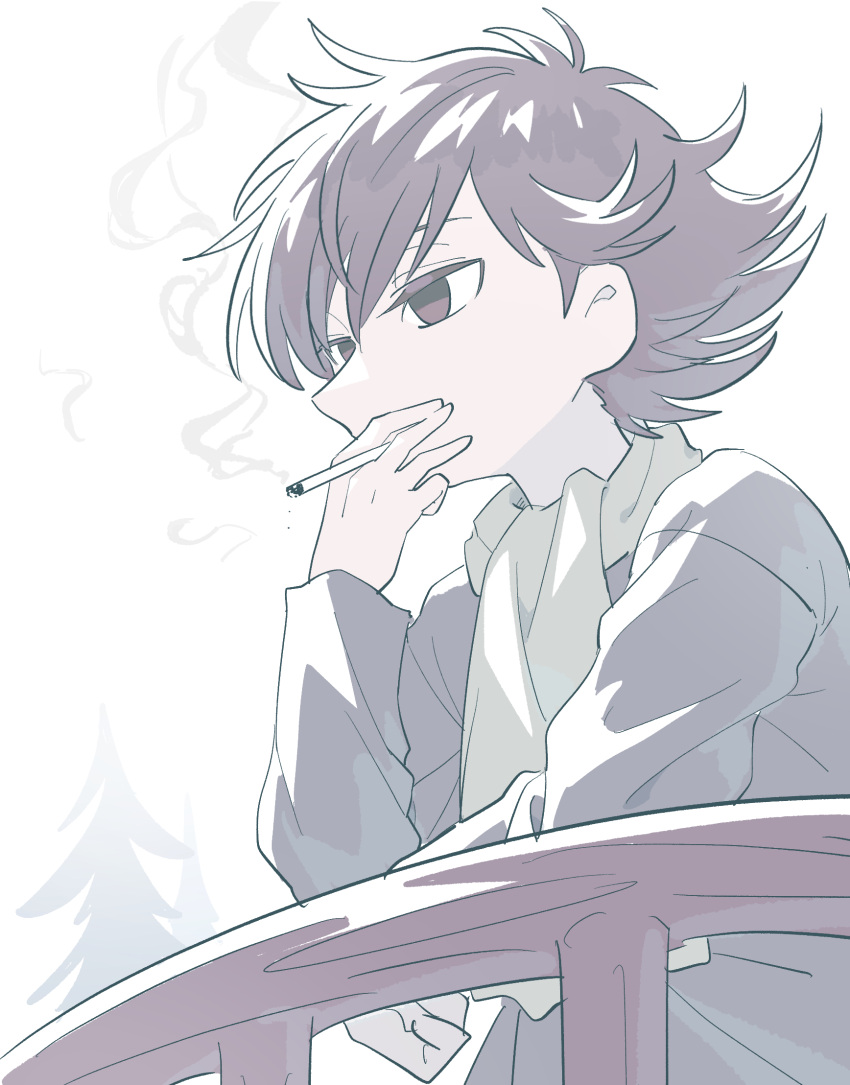 1boy bridge brown_eyes brown_hair cigarette commentary_request highres leaning_on_object male_focus moomin osasimiyabai outdoors scarf short_hair simple_background smoke smoking snufkin solo tree