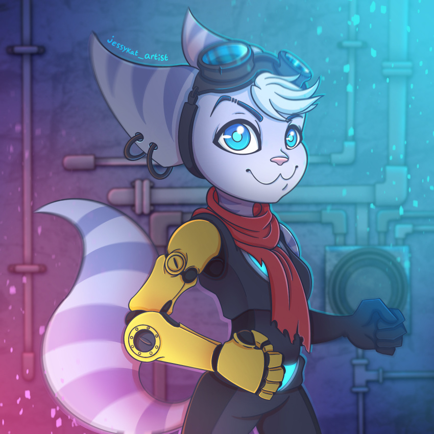 2021 :3 anthro artist_name blue_eyes clothing cybernetic_arm cybernetic_limb ear_piercing ear_ring eyebrows eyewear eyewear_on_head female glowing goggles goggles_on_head hi_res jessykatartist lombax looking_at_viewer mammal markings piercing portrait ratchet_and_clank ring_(marking) ring_piercing ringtail rivet_(ratchet_and_clank) scarf solo sony_corporation sony_interactive_entertainment stripes tail_markings three-quarter_portrait video_games