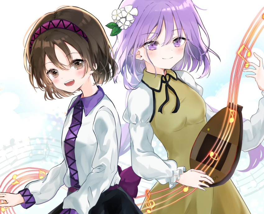 2girls :d bangs biwa_lute black_skirt blush brown_dress brown_hair chain closed_mouth collared_dress collared_shirt commentary_request dress flower frilled_sleeves frills gold_chain hair_flower hair_ornament happy highres instrument long_hair long_sleeves lute_(instrument) multiple_girls music musical_note neck_ribbon open_mouth playing_instrument purple_eyes purple_hair ribbon shinonome_(ichigotsuki) shirt short_hair siblings sisters skirt smile teeth touhou tsukumo_benben tsukumo_yatsuhashi twintails upper_teeth very_long_hair white_flower white_sleeves