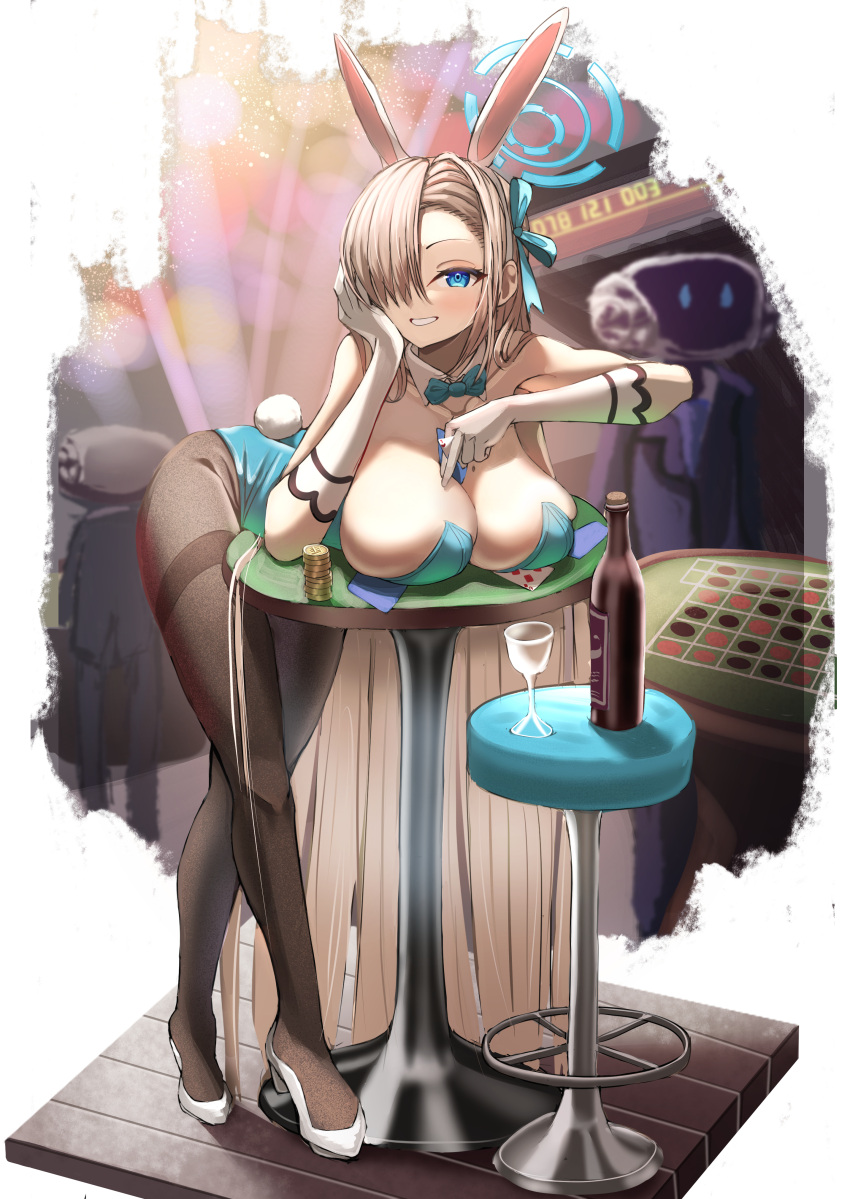 1girl absurdly_long_hair absurdres animal_ears asuna_(blue_archive) asuna_(bunny)_(blue_archive) azuma_(sospower73) bent_over between_breasts blonde_hair blue_archive blue_bow blue_bowtie blue_eyes blue_leotard blue_ribbon bottle bow bowtie breast_rest breasts card card_between_breasts card_between_fingers casino coin crossed_legs cup detached_collar drinking_glass elbow_rest full_body gloves gold_coin grin hair_ribbon halo high_heels highres huge_breasts leotard long_hair mole mole_on_breast pantyhose people playboy_bunny rabbit_ears rabbit_tail ribbon smile solo_focus stool table tail thighband_pantyhose very_long_hair white_gloves wine_bottle wine_glass