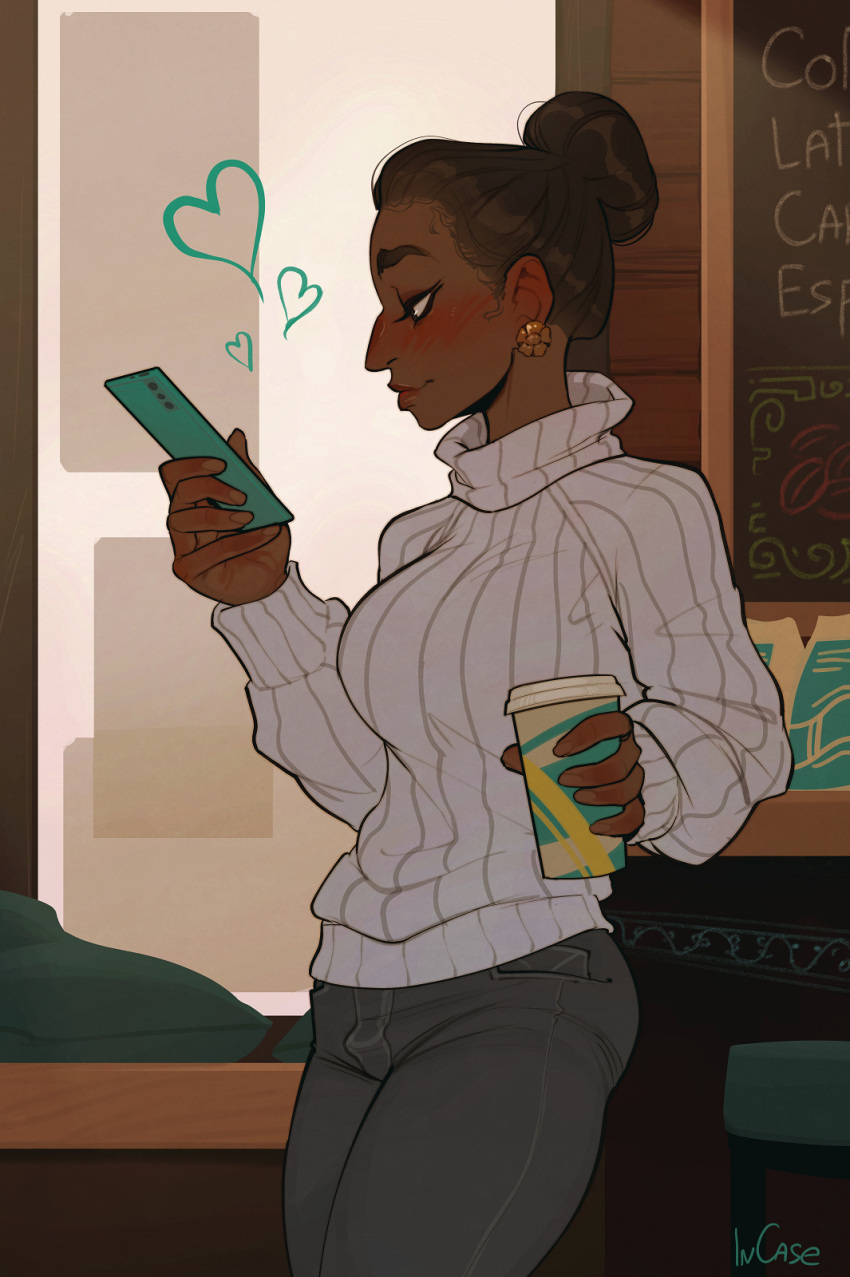 1girl big_nose blush breasts cafe cellphone chalkboard coffee_cup cup dark-skinned_female dark_skin denim disposable_cup earrings english_commentary grey_hair hair_bun heart highres holding holding_cup incase jeans jewelry large_breasts lipstick looking_at_phone makeup mature_female original pants phone ribbed_sweater short_hair single_hair_bun smartphone solo sweater thick_eyebrows thick_thighs thighs turtleneck turtleneck_sweater white_sweater