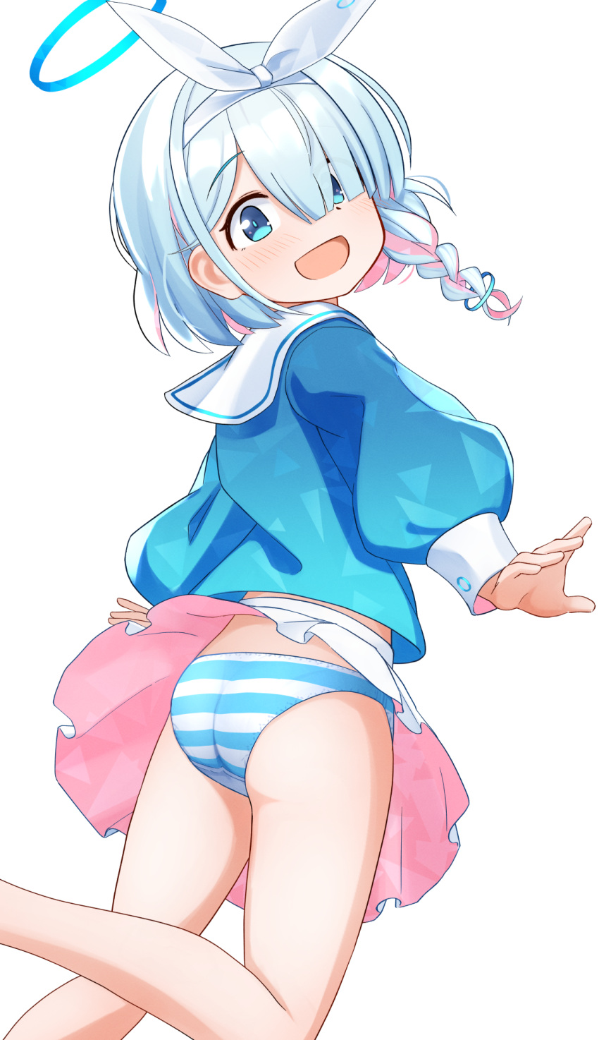 :d arms_at_sides arona_(blue_archive) blue_archive blue_hair blue_hairband blue_panties blue_sailor_collar blush bow braid hair_bow hair_over_one_eye hairband halo highres leg_up light_blue_hair looking_at_viewer open_mouth panties pantyshot pleated_skirt puffy_short_sleeves puffy_sleeves sailor_collar short_hair short_sleeves side_braid simple_background single_braid skirt smile striped striped_panties underwear upskirt white_background white_panties white_skirt yotubawatane