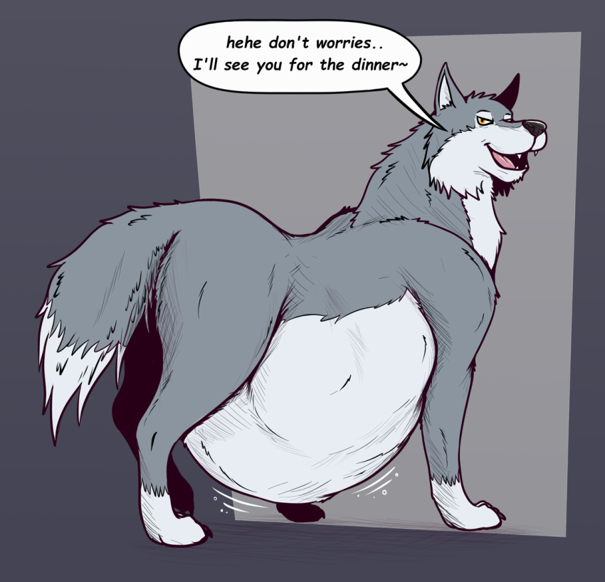 after_vore belly big_belly butt canid canine canis dialogue english_text feral feral_pred fur grey_body grey_fur looking_at_viewer male male_pred mammal solo speech_bubble text thatgryphonguy vore wolf