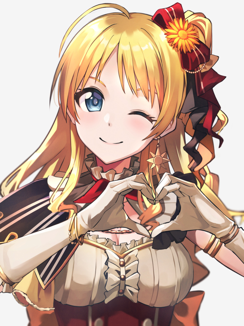 1girl ;) ahoge alisia0812 armlet blonde_hair blue_eyes blush bow breasts center_frills cleavage closed_mouth corset earrings elbow_gloves frills gloves hachimiya_meguru hair_bow heart heart_hands highres idolmaster idolmaster_shiny_colors jewelry large_breasts long_hair looking_at_viewer mole mole_under_eye neck_ribbon one_eye_closed one_side_up red_bow red_ribbon ribbon simple_background single_earring smile solo underbust upper_body white_background white_gloves