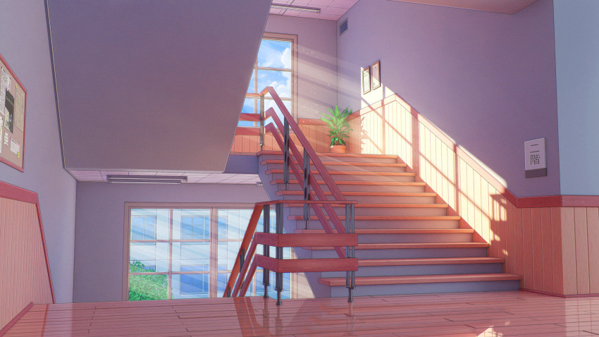 3d absurdres building ceiling_light commentary dmitry_kuznetsov english_commentary highres indoors no_humans original railing reflection scenery school shadow stairs summer tree whiteboard window