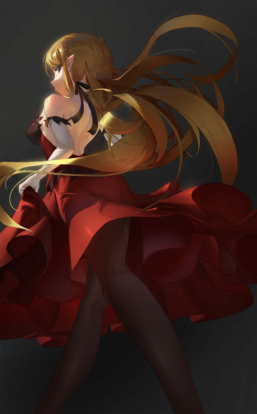 1girl absurdres backless_dress backless_outfit bare_shoulders black_pantyhose breasts brown_eyes cow dark_background dress elbow_gloves feet_out_of_frame floating_hair frilled_dress frills from_behind gloves highres kiss-shot_acerola-orion_heart-under-blade kneepits legs long_hair looking_at_viewer looking_back medium_breasts monogatari_(series) morning_(k0492255676) pantyhose pointy_ears profile red_dress sleeveless sleeveless_dress solo strapless strapless_dress thighs very_long_hair walking white_gloves