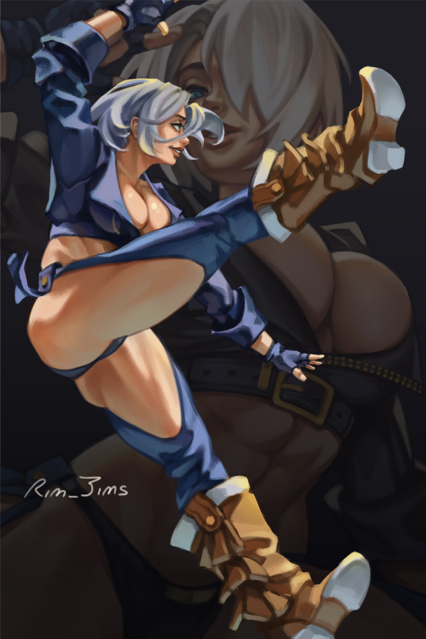 1girl angel_(kof) bangs blue_eyes boots bra breasts chaps cowboy_boots cropped_jacket fingerless_gloves full_body gloves hair_over_one_eye high_heels highres jacket large_breasts leather leather_jacket long_sleeves rim_jims smile snk solo standing strapless strapless_bra the_king_of_fighters the_king_of_fighters_xiv toned underwear