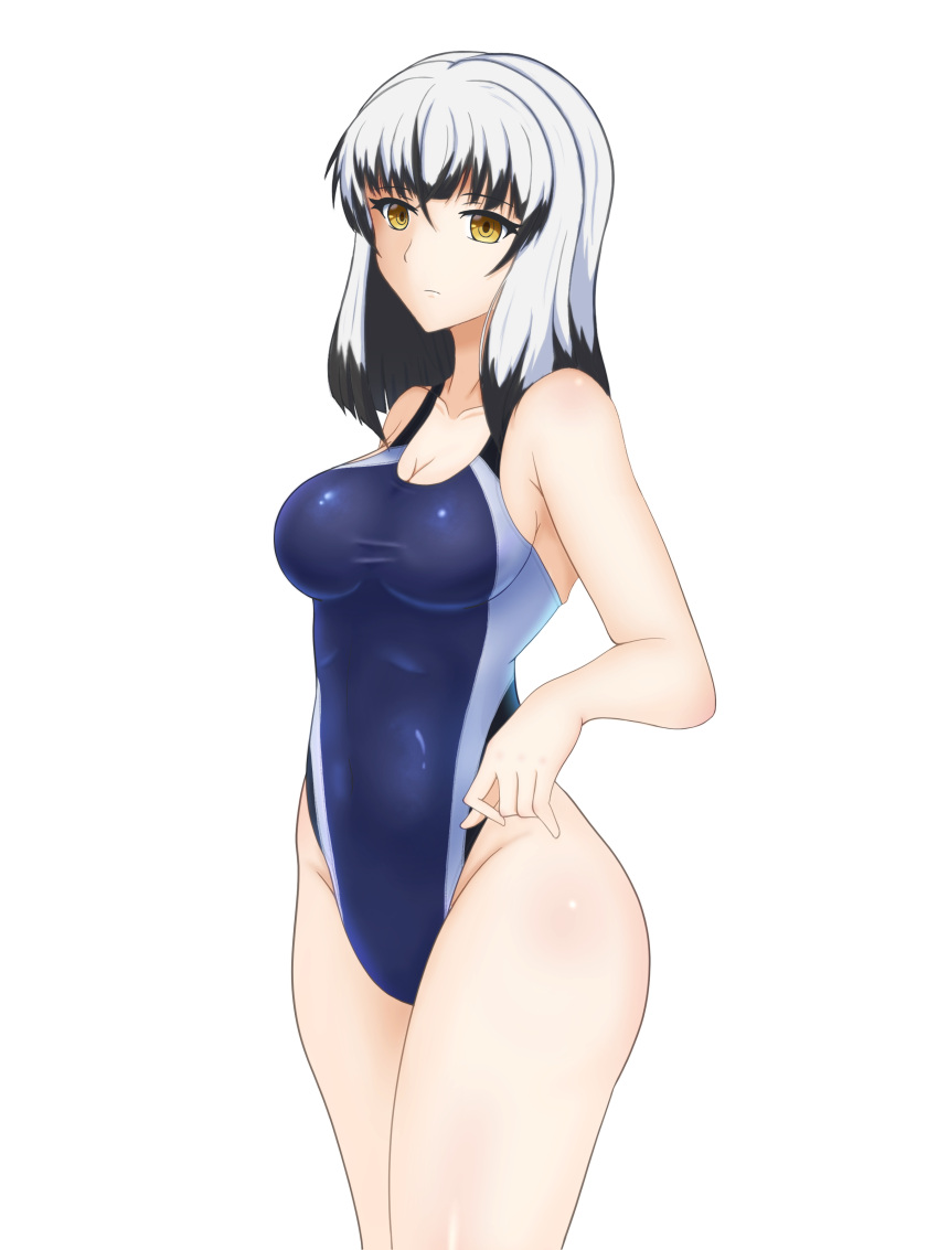 1girl absurdres blue_one-piece_swimsuit breasts cleavage colored_tips commentary_request competition_swimsuit cowboy_shot highres looking_at_viewer medium_breasts medium_hair multicolored_hair one-piece_swimsuit satsuki_yomi seppatsumaru simple_background solo swimsuit toji_no_miko two-tone_hair white_background white_hair yellow_eyes