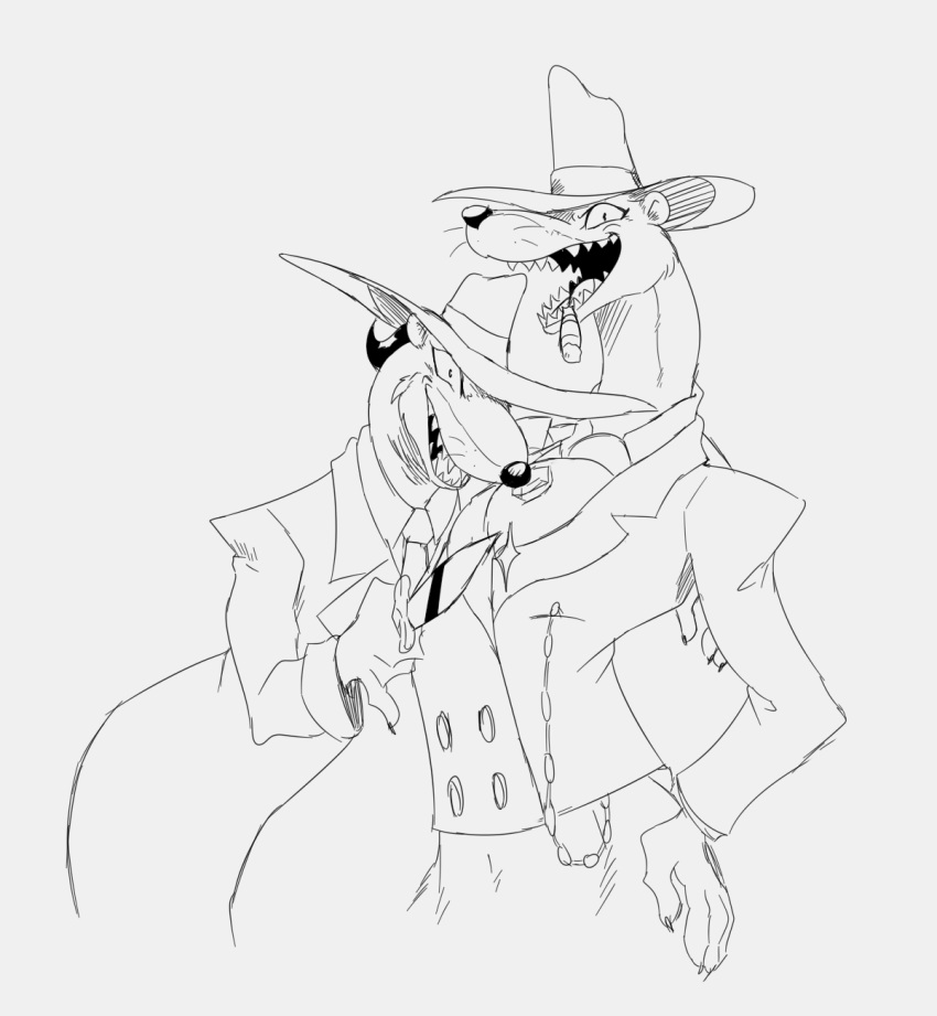 2022 anthro bottomless bottomless_anthro bottomless_male chain cigar cigar_in_mouth claws clothed clothing duo evil_grin fangs fur greasy_(character) hand_on_butt hat headgear headwear hi_res holding_knife holding_object jacket knife looking_at_viewer male mammal mustela mustelid musteline necktie open_mouth reagan700 smarty_weasel smile tongue topwear true_musteline whiskers wide_eyed