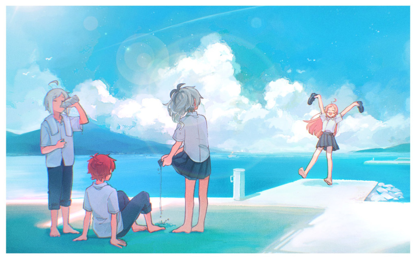 2boys 2girls ahoge arm_support arms_up barefoot black_skirt blue_pants bollard bottle closed_eyes cloud commentary day drinking flower_(vocaloid) flower_(vocaloid4) from_behind fukase highres holding holding_bottle holding_shoes knees_up lens_flare long_hair looking_at_another mi_no_take miniskirt mountainous_horizon multicolored_hair multiple_boys multiple_girls ocean open_mouth outdoors pants pier pink_hair pleated_skirt red_hair scenery school_uniform sf-a2_miki shoes sitting skirt smile standing streaked_hair symbol-only_commentary towel towel_around_neck utatane_piko very_long_hair vocaloid white_hair wide_shot wringing_clothes wringing_skirt