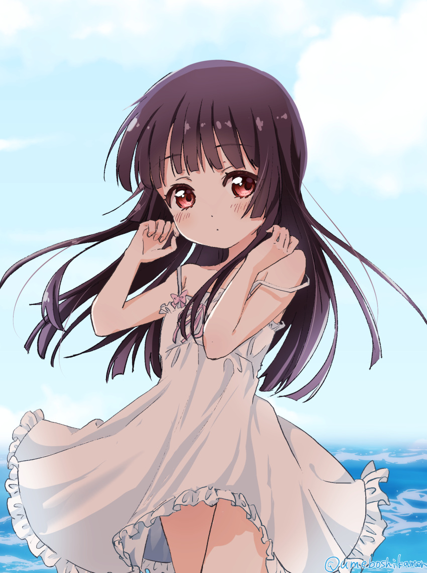 1girl bare_shoulders black_hair blush collarbone dress frilled_dress frills highres long_hair looking_at_viewer matsumoto_rise mearian ocean open_mouth outdoors red_eyes shiny shiny_hair sky solo standing sundress white_dress yuru_yuri