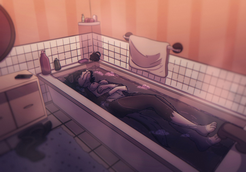 anthro bathroom bathtub breasts bubble canid canine canis digital_media_(artwork) domestic_dog female fur hair hi_res kana_(solarlewds) mammal moody_lighting multicolored_body multicolored_fur nipples nude relaxing solarlewds solo steam tasteful_nudity