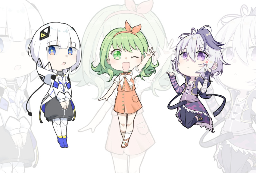 3girls :&lt; :d :o arm_up arm_warmers bandaged_arm bandages bangs belt black_skirt blue_eyes blunt_bangs bow bow_hairband bowtie cevio chibi commentary crossed_legs fingerless_gloves flower_(vocaloid) flower_(vocaloid4) full_body gloves green_eyes green_hair gumi hair_ornament hairband hands_on_lap highres hood hooded_jacket jacket kafu_(cevio) legs_up midair multicolored_hair multiple_girls one_eye_closed open_mouth orange_bow orange_shirt orange_skirt outstretched_arm pants purple_eyes purple_gloves purple_hair purple_jacket purple_pants purple_shirt purple_skirt shirt short_hair single_arm_warmer single_glove skirt sleeveless sleeveless_jacket sleeveless_shirt smile streaked_hair vocaloid waving white_background white_bow white_bowtie white_hair white_jacket yu_ying_(puuarfmm0qqcw1f) zoom_layer