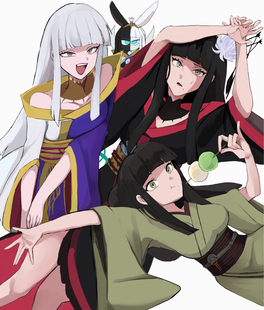 4girls :t animal_ears arms_up bangs bare_shoulders black_collar black_hair black_kimono blue_eyes blunt_bangs blunt_ends chewing chibi collar collarbone dango eating epiphyllum feet_out_of_frame final_fantasy final_fantasy_xiv flower food from_above glaa_da green_eyes green_kimono hair_flower hair_ornament highres hime_cut holding holding_food hyur japanese_clothes kimono long_hair looking_at_viewer lying lying_on_person minigirl mole mole_under_mouth multicolored_hair multiple_girls multiple_persona no_mouth obi obiage obijime off_shoulder on_back open_mouth outstretched_arm outstretched_hand own_hands_together pinky_out purple_kimono rabbit_ears sash seiza sidelocks simple_background sitting smile split-color_hair sweatdrop tiara tsukuyomi_(ff14) two-tone_hair two-tone_kimono wagashi white_background white_hair wide_sleeves yotsuyu_goe_brutus