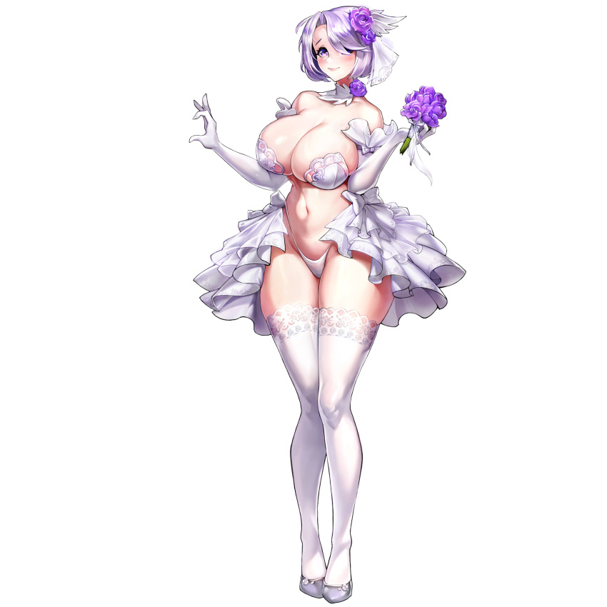 1girl bare_shoulders blush bouquet breasts bridal_veil cleavage closed_mouth collar detached_collar elbow_gloves flower frilled_gloves frilled_skirt frills full_body game_cg gloves hair_flower hair_ornament hair_over_one_eye heart heart_hands high_heels highres holding holding_bouquet huge_breasts lace-trimmed_legwear lace_trim large_breasts last_origin layered_skirt linea_alba muse_(last_origin) navel neck_flower official_alternate_costume official_art panties pasties pigeon-toed purple_eyes purple_flower purple_hair ribbon ribbon-trimmed_gloves ribbon_trim see-through short_hair showgirl_skirt skindentation skirt solo string_panties tachi-e thighhighs thong transparent_background underwear uyu_ddongkko veil white_collar white_footwear white_gloves white_hair white_panties white_ribbon white_skirt white_thighhighs