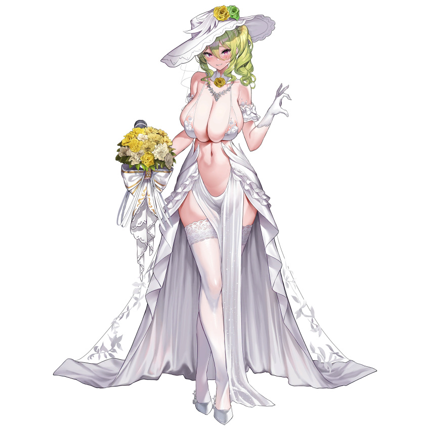 1girl areola_slip arm_strap armband blush bouquet bra breasts bridal_veil cleavage collar detached_collar drill_hair erato_(last_origin) flower frilled_armband frills gloves green_flower green_hair green_rose hat hat_flower heart heart_hands high_heels highres holding holding_bouquet huge_breasts jewelry kirome_(kamipaper) lace-trimmed_legwear lace_trim last_origin long_skirt looking_at_viewer medium_hair navel neck_flower necklace official_alternate_costume official_art open_mouth pelvic_curtain ponytail purple_eyes ribbon rose see-through showgirl_skirt simple_background skindentation skirt smile solo sun_hat thighhighs thighs transparent_background twin_drills underwear veil wedding white_collar white_footwear white_gloves white_headwear white_ribbon white_skirt white_thighhighs wing_collar yellow_flower yellow_rose