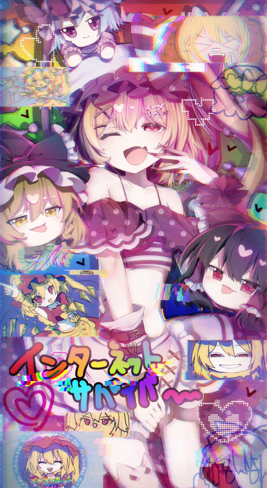 1girl ;d absurdres anya's_heh_face_(meme) apron arm_up bangs bare_shoulders black_headwear blonde_hair braid collarbone crystal crystal_wings fang fingernails flandre_scarlet frilled_apron frills hair_ornament hakurei_reimu hat hayuk0 heart highres holding holding_microphone index_finger_raised internet_survivor kirisame_marisa looking_at_viewer meme microphone mob_cap niconico one_eye_closed one_side_up open_mouth polka_dot polka_dot_skirt red_eyes red_nails remilia_scarlet sharp_fingernails single_braid single_thighhigh skin_fang skirt smile solo thighhighs tongue tongue_out touhou waist_apron white_apron white_headwear white_thighhighs wings witch_hat x_hair_ornament yukkuri_shiteitte_ne