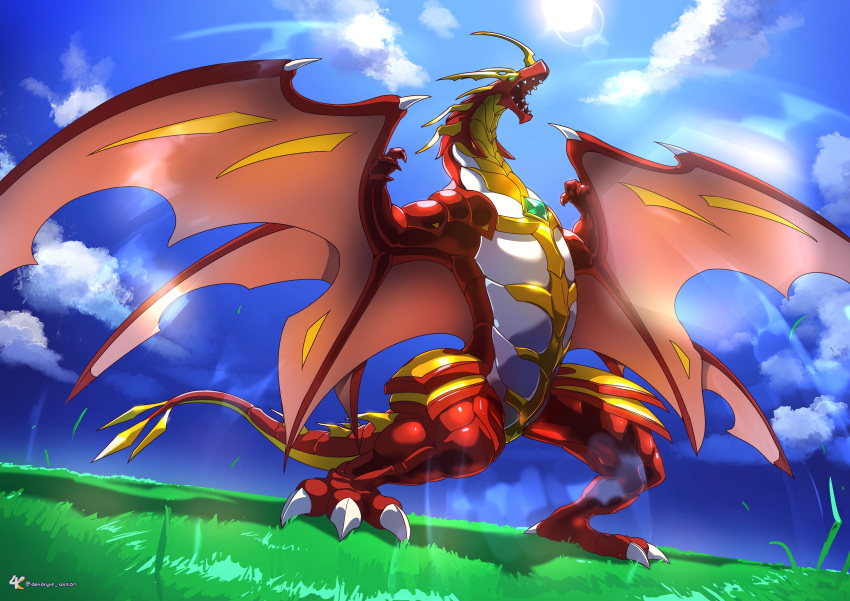 3_fingers absurd_res bakugan claws dendryte_axxon detailed_background digital_media_(artwork) drago_(bakugan) dragon feral fingers flexing green_eyes hi_res horn male membrane_(anatomy) membranous_wings muscular muscular_thighs open_mouth pose red_body roaring scalie solo spread_wings teeth western_dragon wings