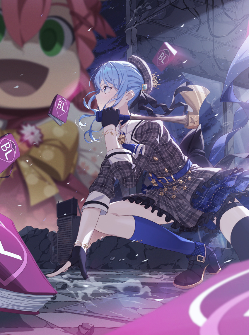 1girl absurdres ascot axe bangs black_footwear black_gloves blue_ascot blue_eyes blue_hair blue_socks book dress frilled_dress frills from_side gloves golden_axe_(weapon) grey_dress grey_headwear hat high_heels highres holding holding_axe holding_weapon holocure hololive hoshimachi_suisei kneehighs long_sleeves looking_away mikodanye parted_lips partially_fingerless_gloves plaid plaid_dress plaid_headwear profile single_kneehigh single_sock socks solo virtual_youtuber weapon yozora_(1wkdgusdn)