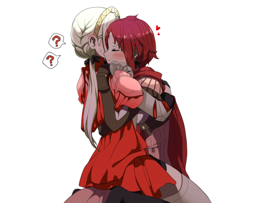 2girls blush breasts cleavage closed_eyes dress edelgard_von_hresvelg fire_emblem fire_emblem:_three_houses fire_emblem_warriors:_three_hopes gloves hair_bun highres hug long_hair long_sleeves monica_von_ochs multiple_girls nieto_tokage official_alternate_costume official_alternate_hairstyle red_hair short_hair simple_background smile upper_body white_hair yuri