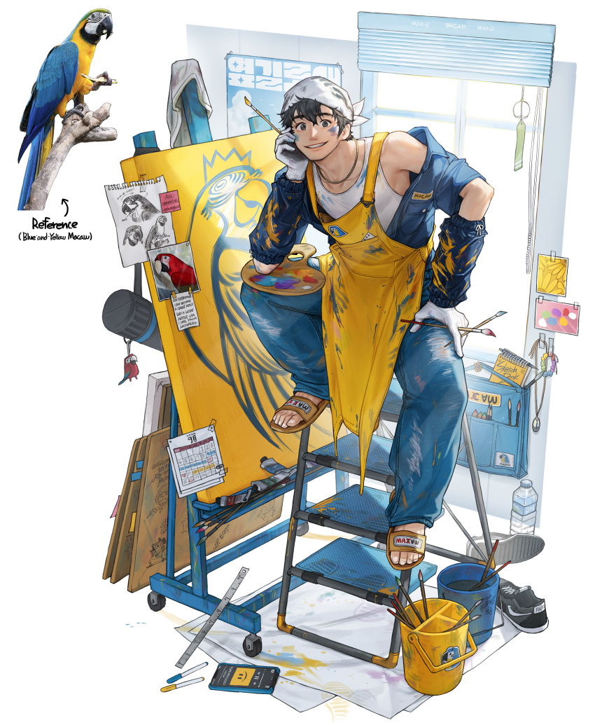 1boy absurdres apron bird black_hair blue_pants blue_shirt bucket canvas_(object) chain_necklace english_text facepaint gloves highres holding holding_paintbrush jewelry macaw male_focus necklace note open_clothes open_shirt original paintbrush palette_(object) pants parrot personification phone reference_inset rinotuna ruler shirt short_hair sitting smile solo tank_top white_gloves white_tank_top yellow_apron