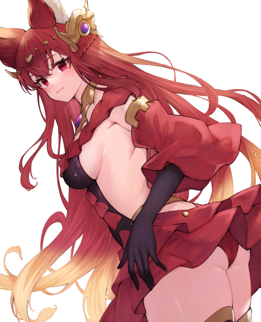 1girl animal_ear_fluff anthuria ass backless_dress backless_outfit bangs black_dress black_gloves blonde_hair braid breasts circlet closed_mouth collar detached_sleeves dress elbow_gloves erune from_side gloves gradient_hair granblue_fantasy hair_ornament highres koretsuki_azuma large_breasts long_hair long_sleeves looking_at_viewer looking_to_the_side multicolored_hair panties pantyshot red_dress red_eyes red_hair red_panties sideboob simple_background smile solo two-tone_dress underwear upskirt very_long_hair white_background