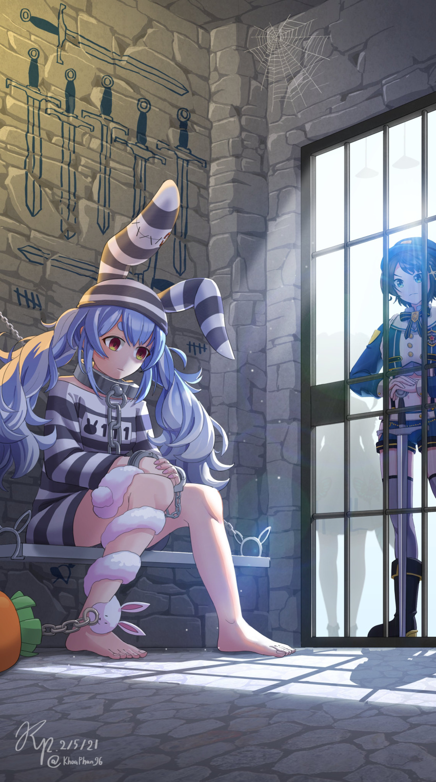 3girls absurdres animal_ears barefoot black_hair blue_eyes blue_hair chain collar commentary commentary_typo cuffs dated don-chan_(usada_pekora) empty_eyes english_commentary eyebrows_hidden_by_hair feet frown handcuffs highres hololive khoaphan96 multicolored_hair multiple_girls oozora_subaru orange_eyes prison prison_clothes rabbit_ears rabbit_girl shackles shadow shirt short_shorts shorts signature silk sitting spider_web striped striped_headwear striped_shirt sunlight suspenders sword tally thighhighs toes twitter_username two-tone_hair uruha_rushia usada_pekora virtual_youtuber weapon white_hair