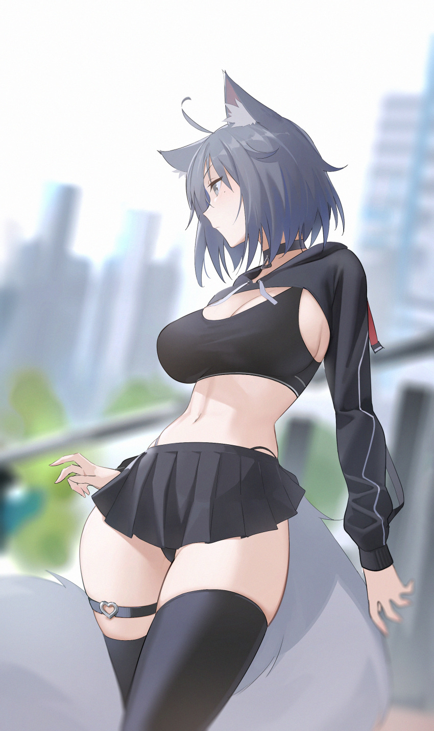 1girl absurdres ahoge animal_ears black_choker black_panties black_skirt black_sports_bra black_thighhighs blurry blurry_background breasts choker closed_mouth drawstring grey_eyes grey_hair highres hood hoodie large_breasts milim_nova miniskirt mole mole_under_eye navel original outdoors panties pantyshot pleated_skirt short_hair shrug_(clothing) skirt solo sports_bra stomach tail thigh_strap thighhighs underwear wolf_ears wolf_girl wolf_tail