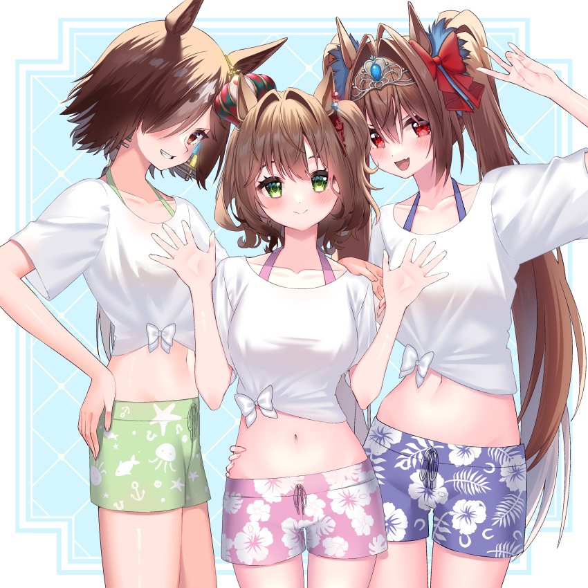 3girls :d absurdres animal_ears aston_machan_(umamusume) bangs blue_shorts blush brown_eyes brown_hair collarbone commentary_request cowboy_shot crop_top daiwa_scarlet_(umamusume) emosk floral_print green_eyes green_shorts grin hair_intakes hair_over_one_eye hand_up hands_up highres horse_ears long_hair looking_at_viewer midriff multiple_girls navel one_side_up open_mouth pink_shorts red_eyes shirt short_hair short_sleeves shorts smile standing stomach tiara twintails umamusume very_long_hair vodka_(umamusume) white_shirt