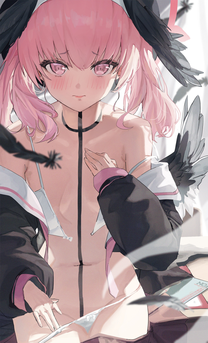 1girl absurdres bangs bare_shoulders blue_archive blush bodypaint bra flat_chest head_wings highres koharu_(blue_archive) long_hair looking_at_viewer navel off_shoulder panties pink_eyes pink_hair serie_niai solo underwear white_bra white_panties