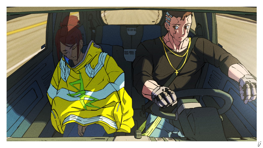 1boy 1girl black_shirt brown_eyes brown_hair car_interior card closed_eyes cross cross_necklace cyberpunk_(series) cyberpunk_edgerunners cyborg david_martinez denim driving gloria_martinez highres jeans jewelry mechanical_hands mechanical_parts mother_and_son necklace pants pisto1star ponytail shirt sleeping