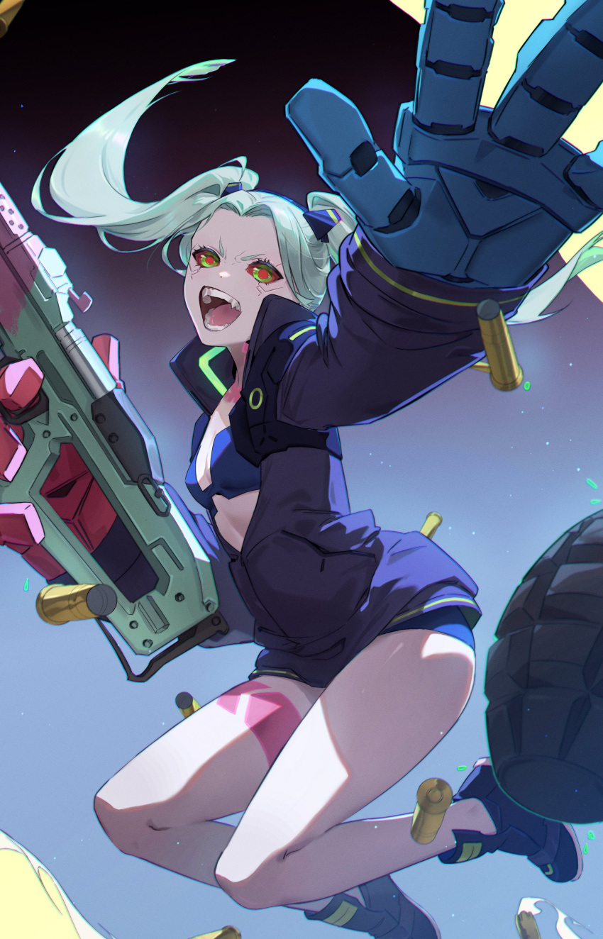 1girl absurdres aqua_hair artificial_eye blue_bra blue_panties bra breasts colored_sclera cyberpunk_(series) cyberpunk_edgerunners explosive fangs fewer_digits finger_on_trigger gradient gradient_background grenade hanamaki highres holding holding_weapon huge_weapon leg_tattoo long_hair looking_at_viewer mechanical_eye mechanical_hands neck_tattoo open_mouth oversized_forearms oversized_limbs panties partially_unzipped petite rebecca_(cyberpunk_edgerunners) red_eyes red_sclera samurai_jacket_(cyberpunk_2077) shell_casing shouting simple_background small_breasts solo tattoo teeth twintails underwear weapon