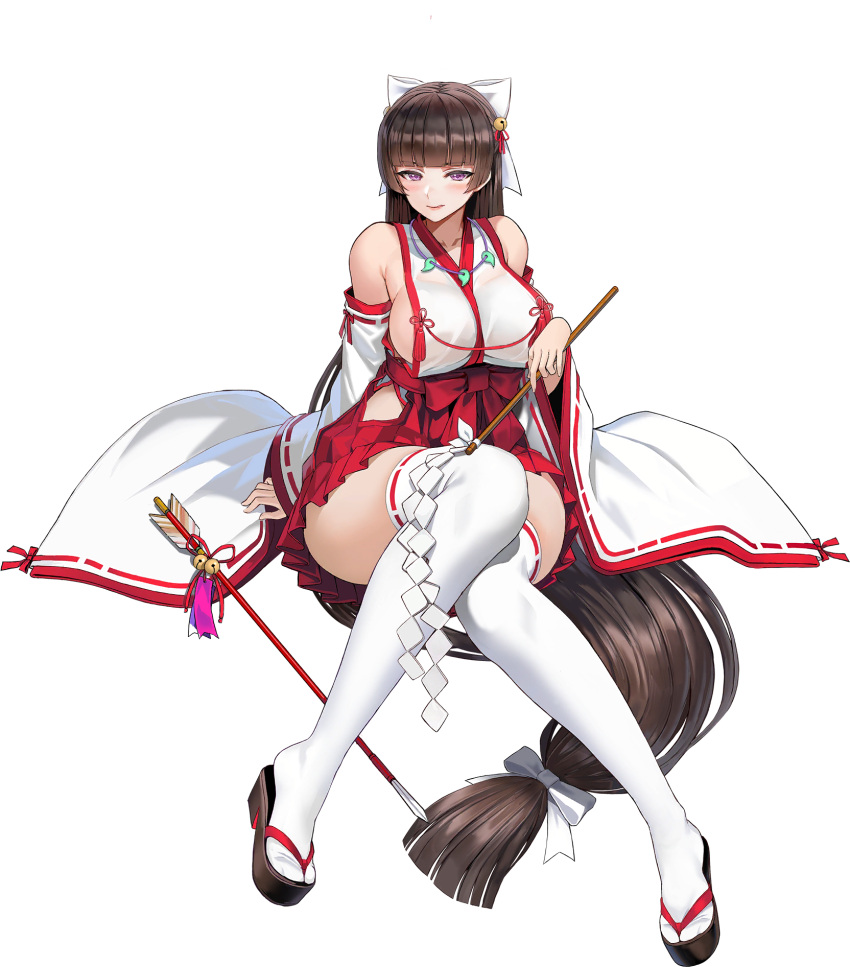 1girl :p bangs bow breasts brown_hair detached_sleeves full_body game_cg gohei hair_bow hair_ribbon hakama hakama_short_skirt hakama_skirt heart heart-shaped_pupils highres hime_cut hip_vent japanese_clothes jewelry kimono large_breasts last_origin licking_lips long_hair looking_at_viewer low-tied_long_hair magatama magatama_necklace miko necklace official_alternate_costume official_art purple_eyes red_hakama ribbon ribbon-trimmed_sleeves ribbon_trim shirayuri_(last_origin) simple_background sitting skirt smile solo symbol-shaped_pupils tabi taesi thighhighs tongue tongue_out transparent_background very_long_hair white_kimono white_thighhighs wide_sleeves