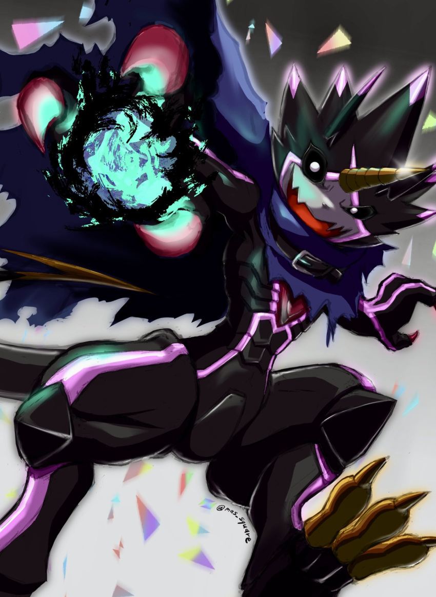 anthro bandai_namco belt black_body black_sclera blue_fire cape claws clothing colored_fire digimon digimon_ghost_game elemental_manipulation fire fire_manipulation glowing glowing_eyes grusgammamon hi_res horn male mas_square sharp_claws sharp_teeth solo teeth