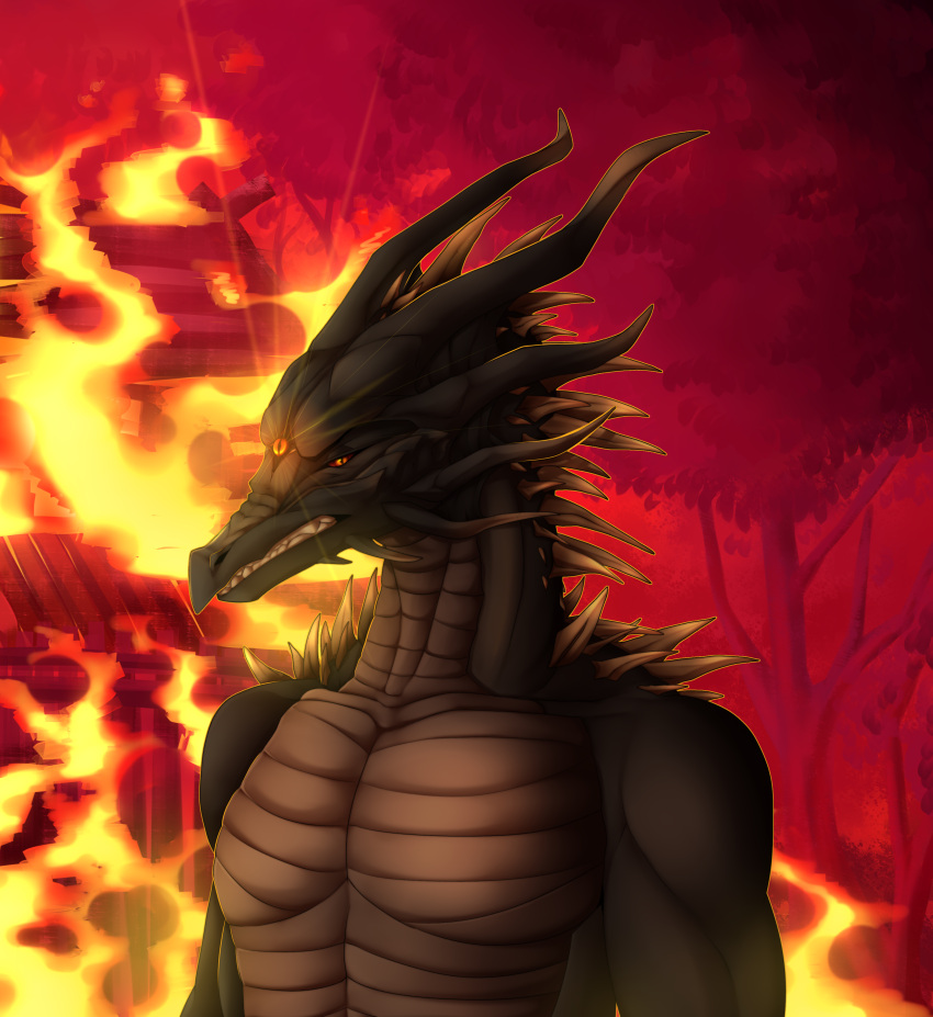 2022 3_eyes absurd_res angry anthro arm_spikes black_body black_dragon_kalameet black_scales burning dark_souls digital_media_(artwork) dragon fire fromsoftware glowing glowing_eyes hair hi_res horn looking_at_viewer magic male multi_eye muscular muscular_male neck_spikes plant red_eyes scales shoulder_spikes siyeneveries solo spikes spikes_(anatomy) spiky_hair standing tree video_games