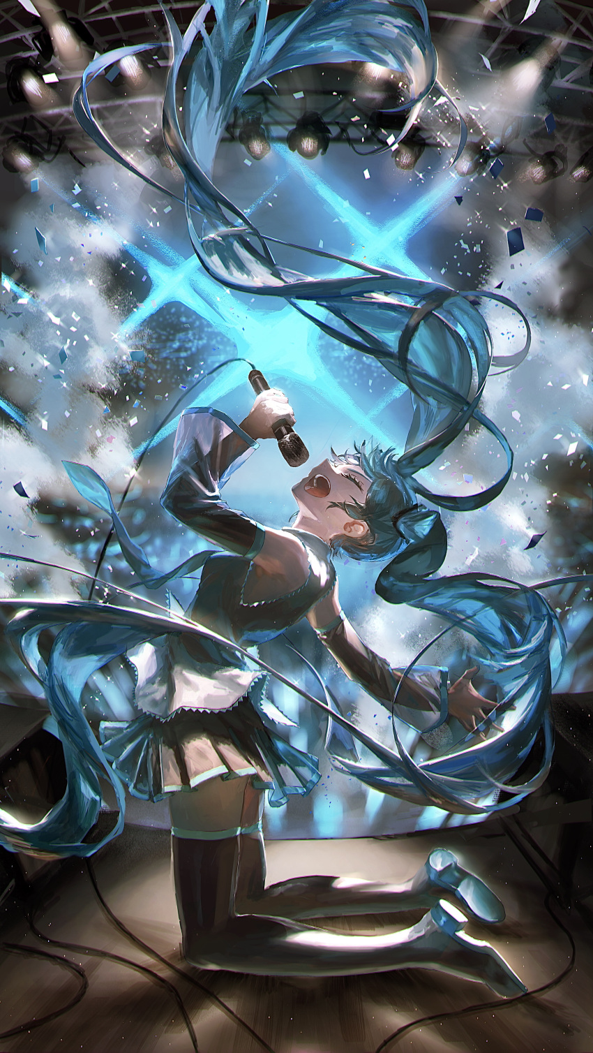 1girl absurdly_long_hair absurdres aqua_hair aqua_necktie arched_back arm_up bare_shoulders black_skirt black_sleeves black_thighhighs boots closed_eyes concert debris detached_sleeves floating_hair from_side grey_shirt hair_ornament hatsune_miku highres holding holding_microphone kneeling leaning_back long_hair microphone microphone_cord miniskirt music necktie open_mouth outstretched_arm pleated_skirt qq_orikou shirt singing skindentation skirt sleeveless sleeveless_shirt solo spotlight stage thigh_boots thighhighs truss twintails very_long_hair vocaloid zettai_ryouiki