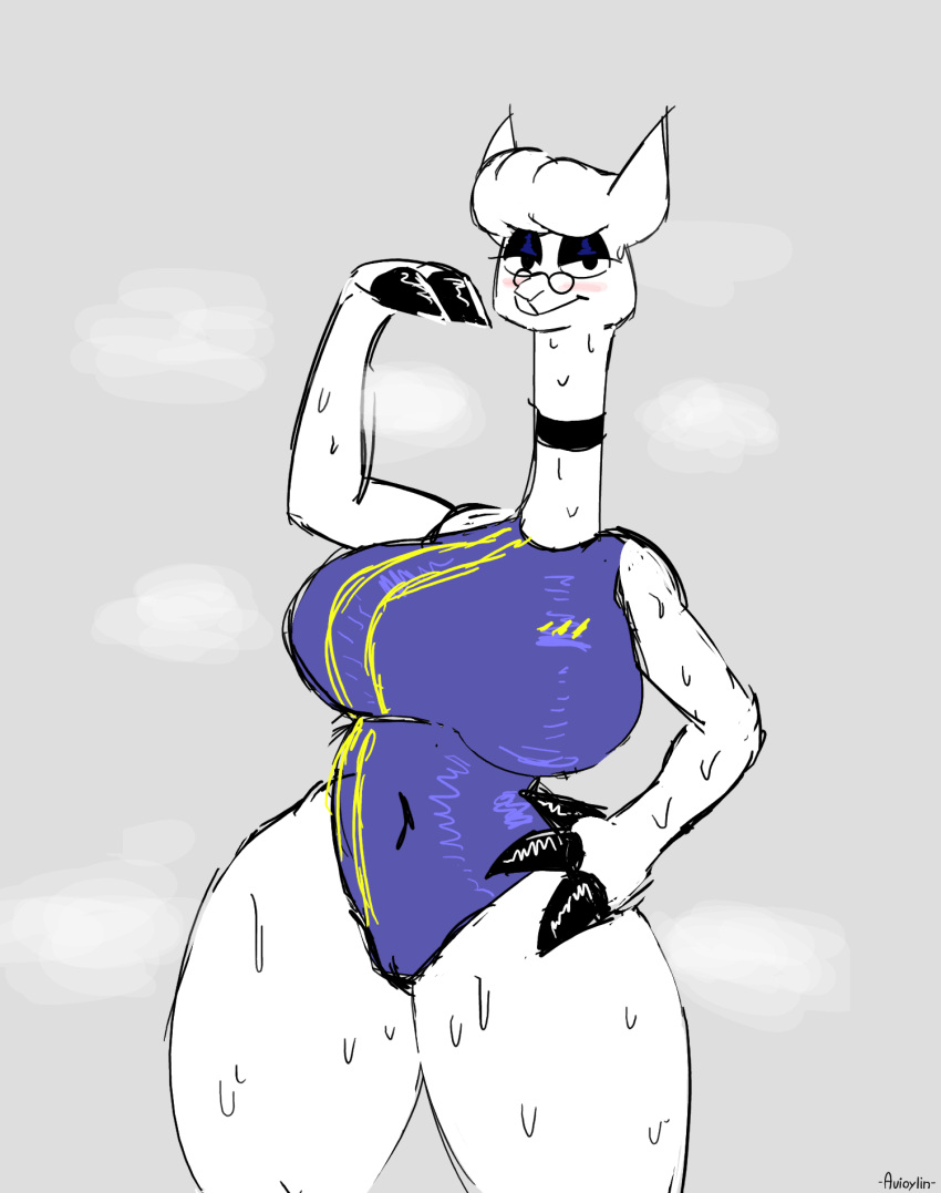 alpaca anthro avioylin big_breasts blush bodily_fluids breasts camel_toe camelid choker clothing eyewear female glasses hi_res hooves jewelry looking_at_viewer mammal mature_female mommy_alpaca necklace simple_background sketch solo sportswear standing steam sweat thick_thighs tight_clothing
