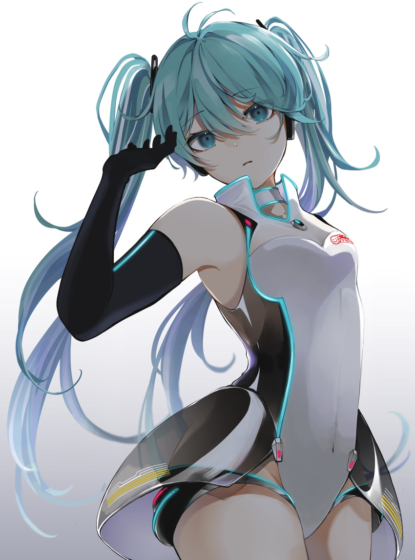 1girl absurdres arched_back bangs black_gloves blue_eyes blue_hair breasts cleavage commentary cowboy_shot elbow_gloves floating_hair gloves goodsmile_racing gradient gradient_background grey_background hair_between_eyes hair_ornament hatsune_miku head_tilt highres leotard long_hair looking_at_viewer navel open_mouth racing_miku racing_miku_(2011) revebw shiny shiny_hair small_breasts solo standing twintails very_long_hair vocaloid white_background white_leotard